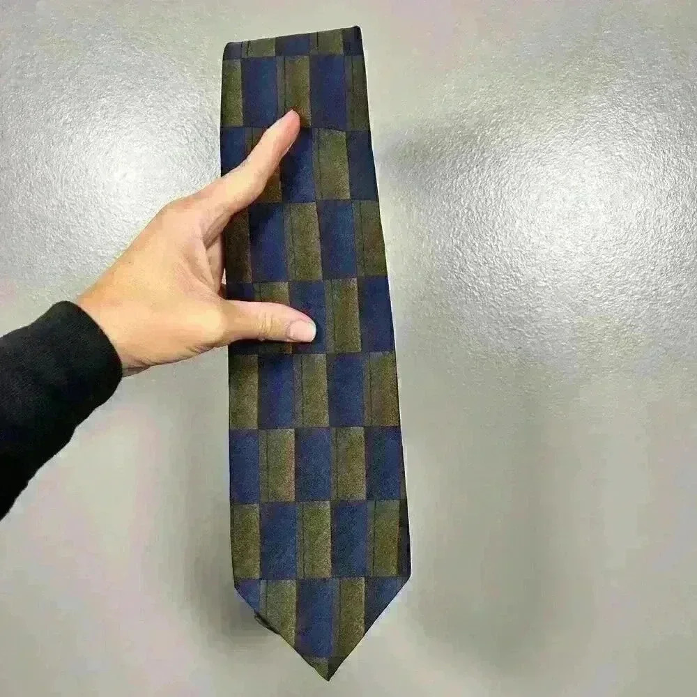 VTG 80s OSCAR DE LA RENTA 100% Silk Tie Blue Green Block Print 55" x 3.5" - Picture 4 of 5